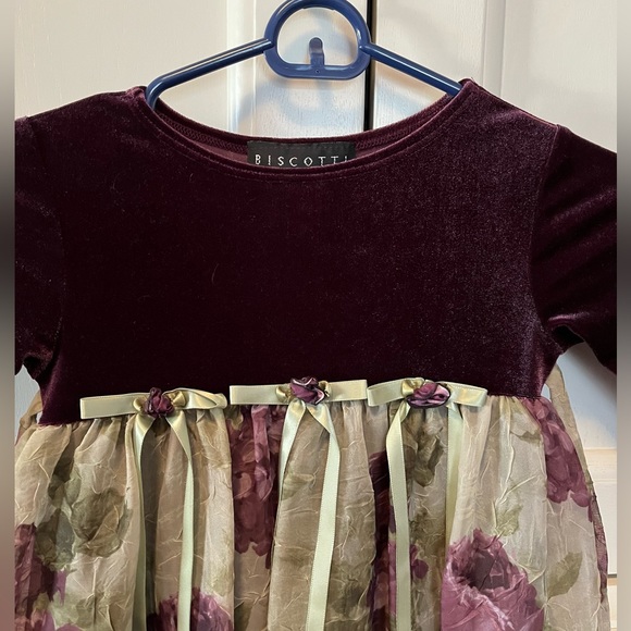 Deep burgundy/red & light green, flower fabric on bottom, size 3T dress - Picture 2 of 10